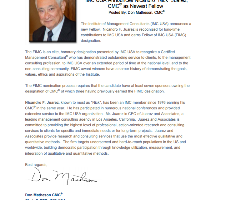 IMC USA Announces Nicandro “Nick” Juarez, CMC® as Newest Fellow